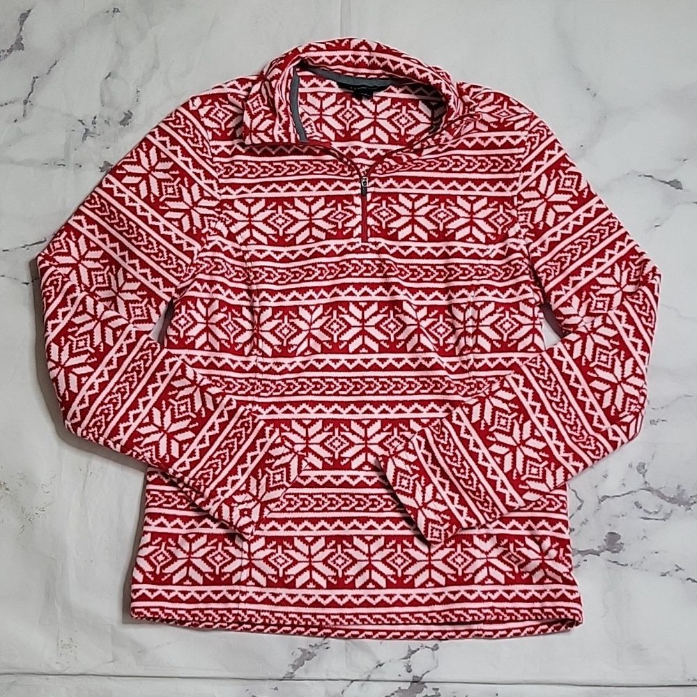 Lands' End Fair Isle Red/White Quarter Zip Fleece
